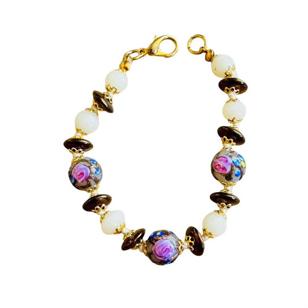 Wedding Cake Glass Bracelet VTG Link Pink Art Deco Italy Venetian Murano Beaded